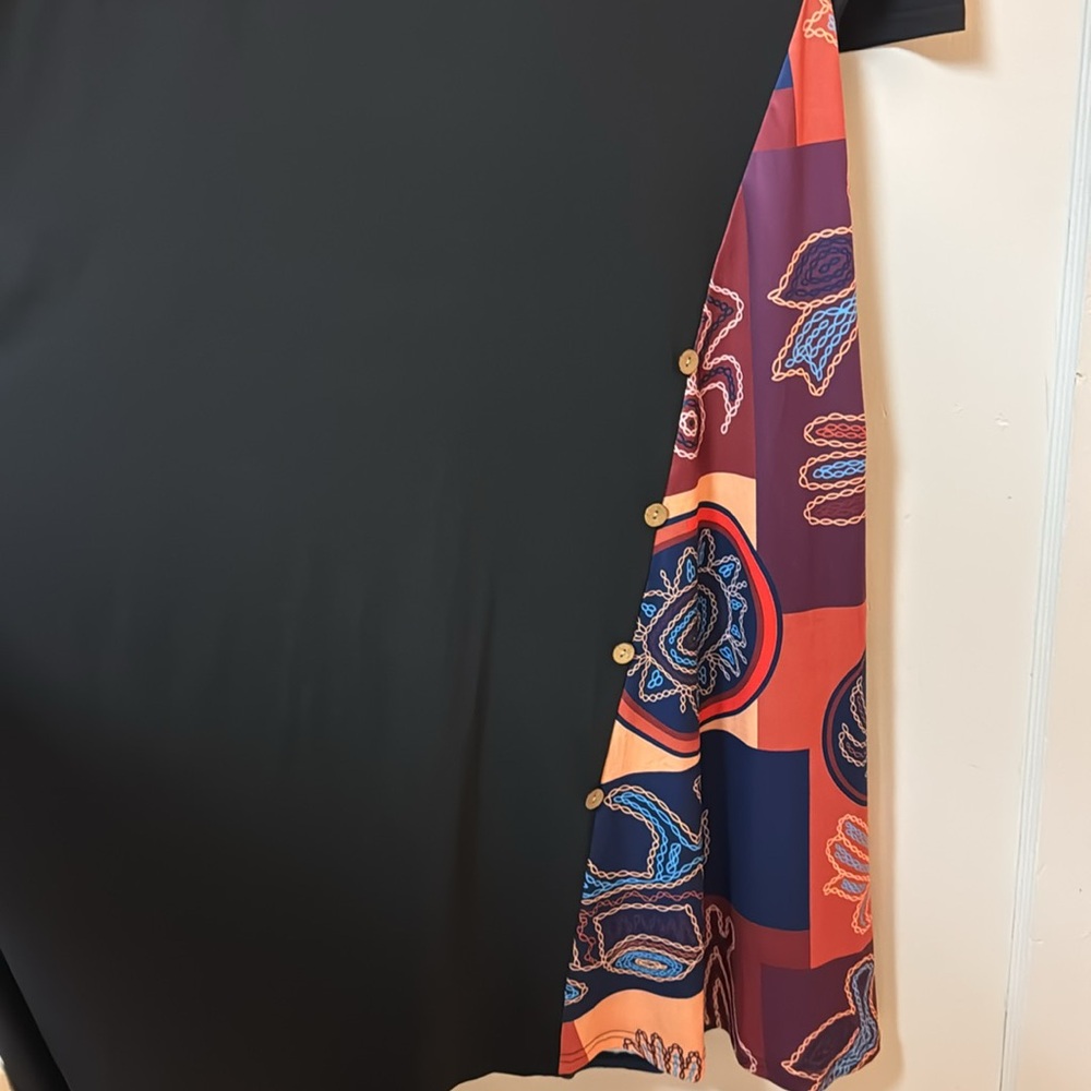 Long Black Knit dress 3/4 Sleeve with Colorful Print Insert Button Detail Size L - Picture 5 of 11